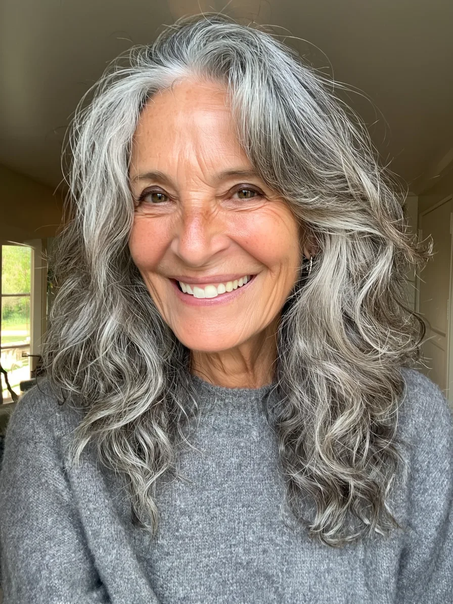 Elegant Salt and Pepper Long Layered Wavy Hairstyle