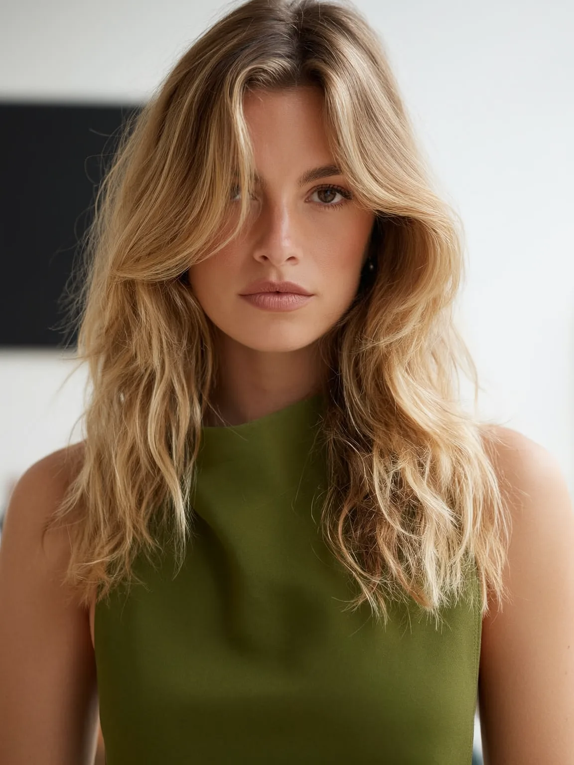 Medium-Length Sandy Blonde Waves with Layered Curtain Bangs