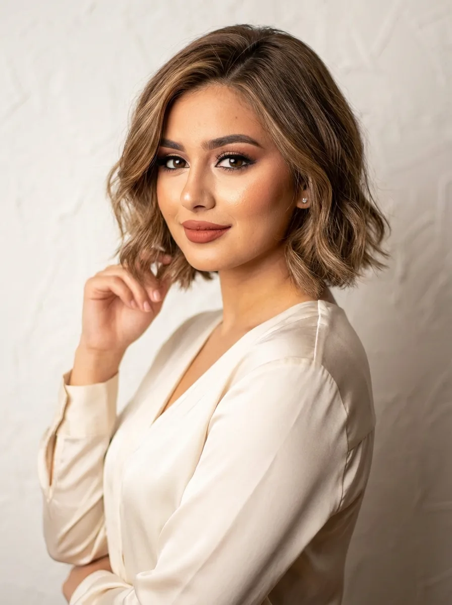 Chin-Length Wavy Sandy Blonde Bob with Side-Swept Bangs