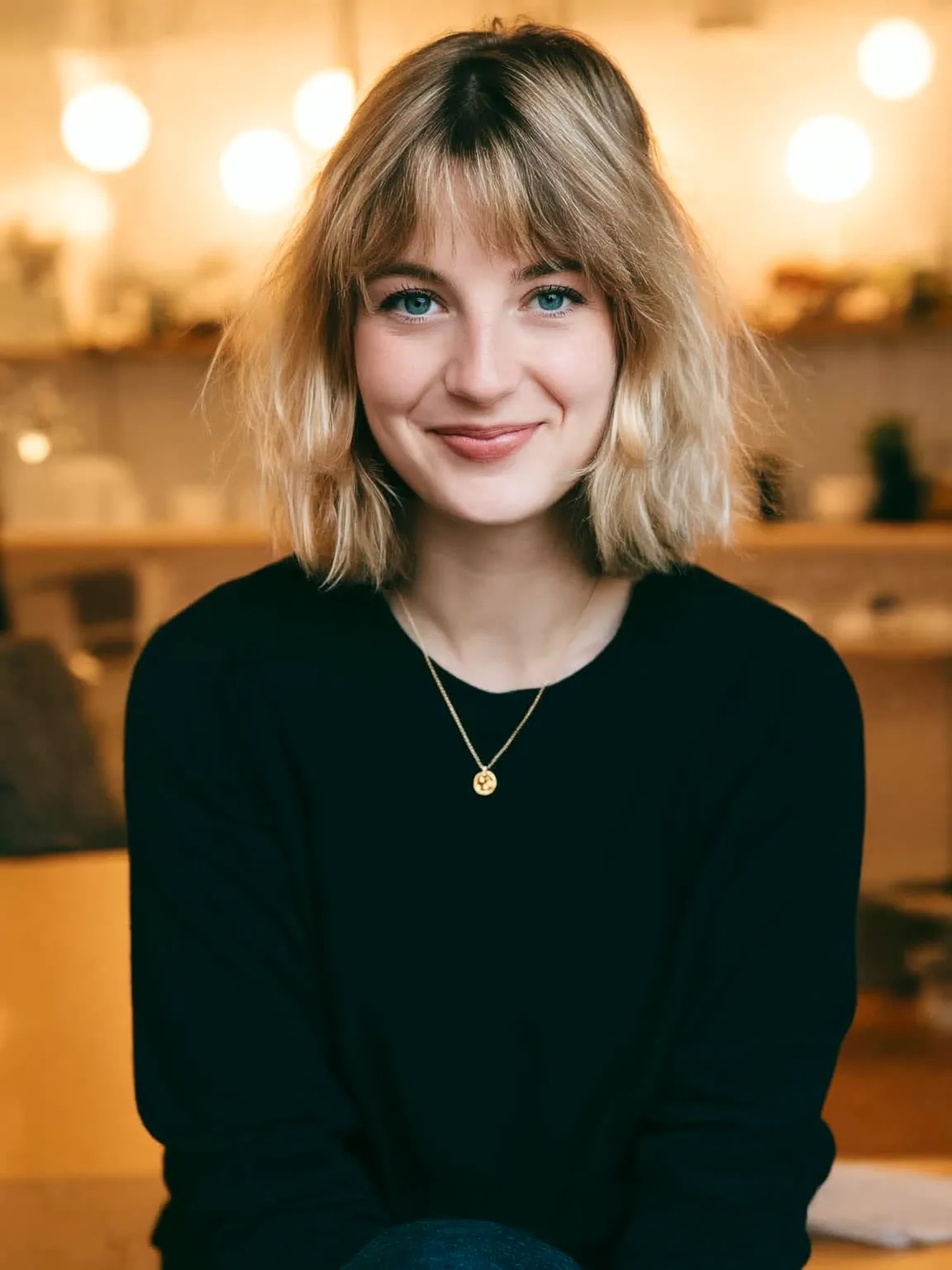 Wavy Sandy Blonde Bob with Curtain Bangs and Medium Volume