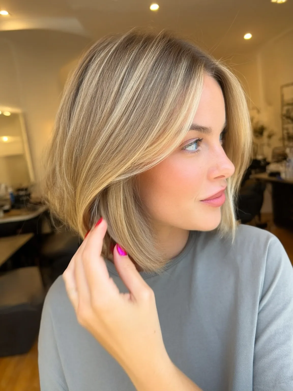 Blow-Dried Straight Sandy Blonde Bob with Side-Swept Bangs and Lowlights