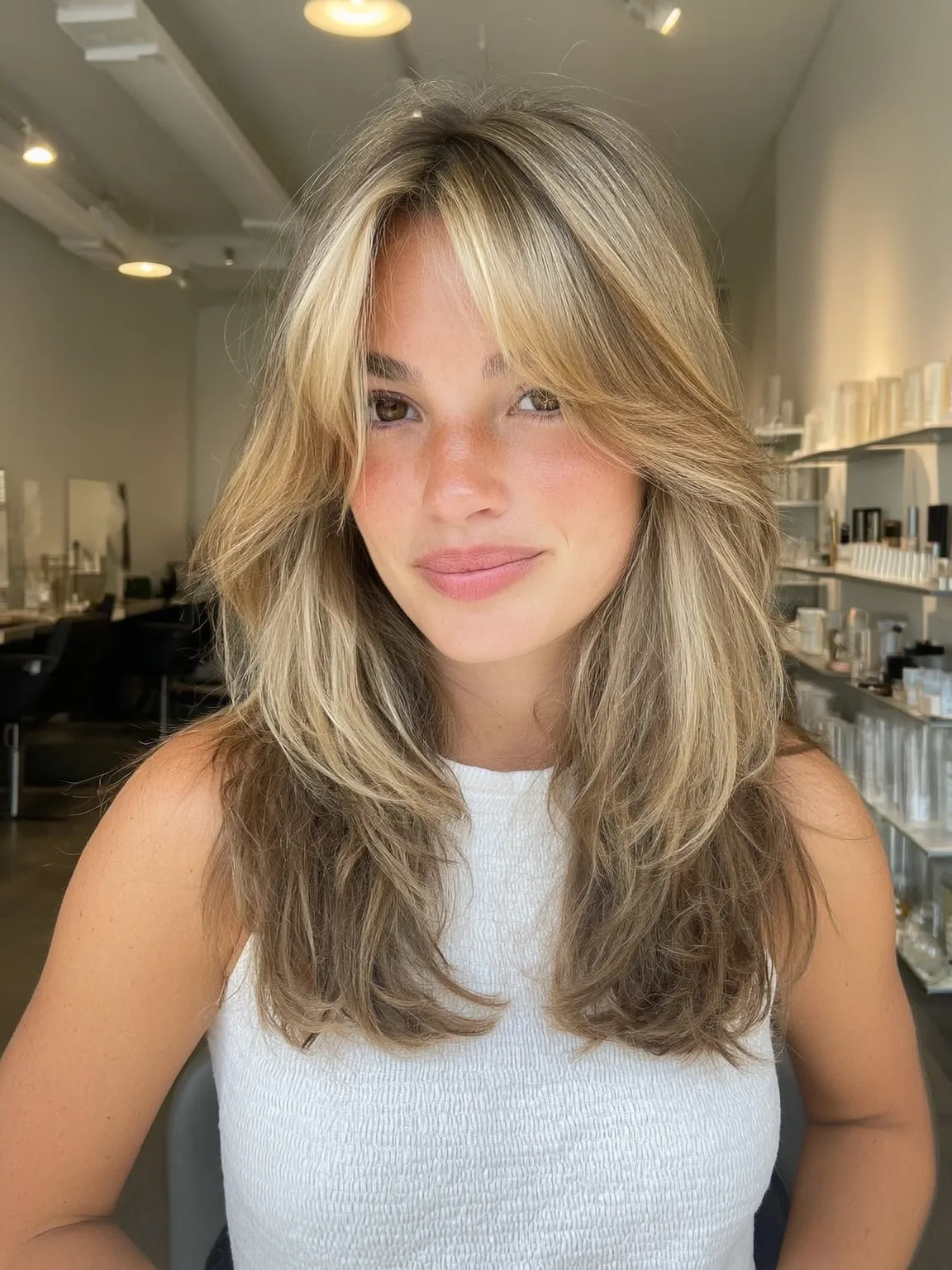 Long Wavy Sandy Blonde Balayage Layers with Curtain Bangs