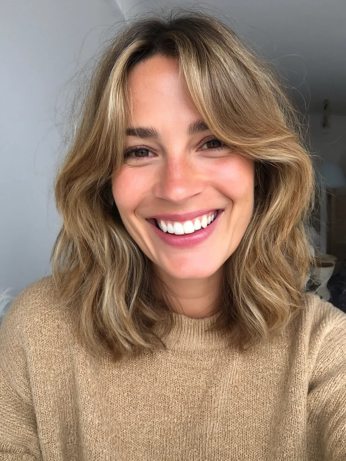 Medium Length Lob with Sandy Blonde Highlights