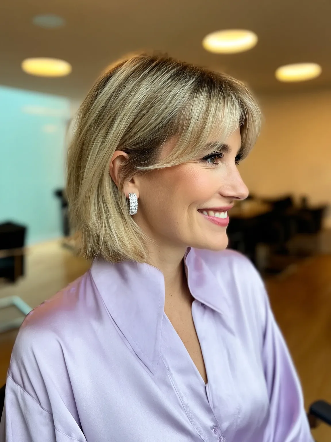 Chin-Length Blunt Bob with Wispy Bangs in Sandy Blonde