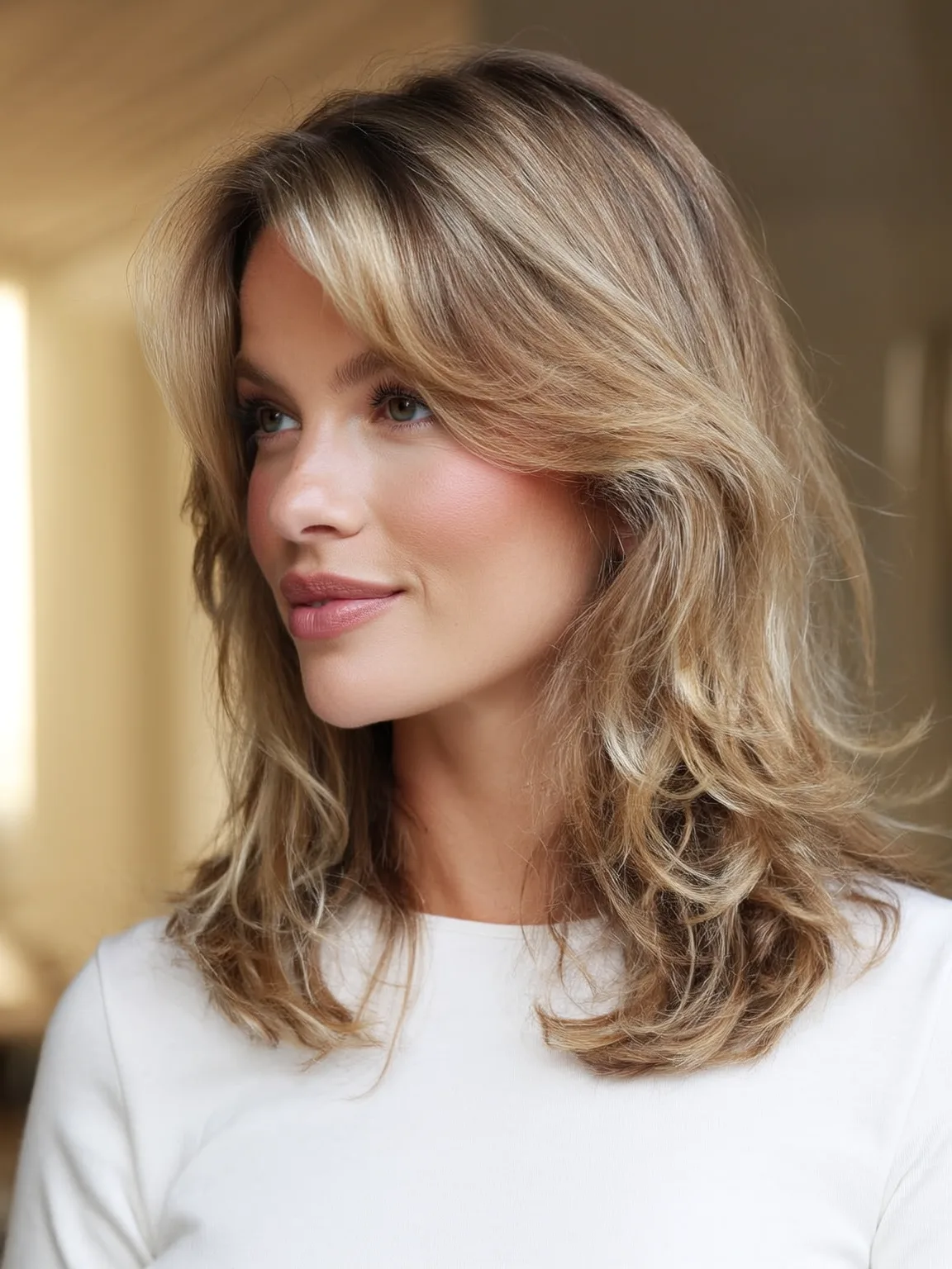 Shoulder-Length Layers with Soft Sandy Blonde Balayage