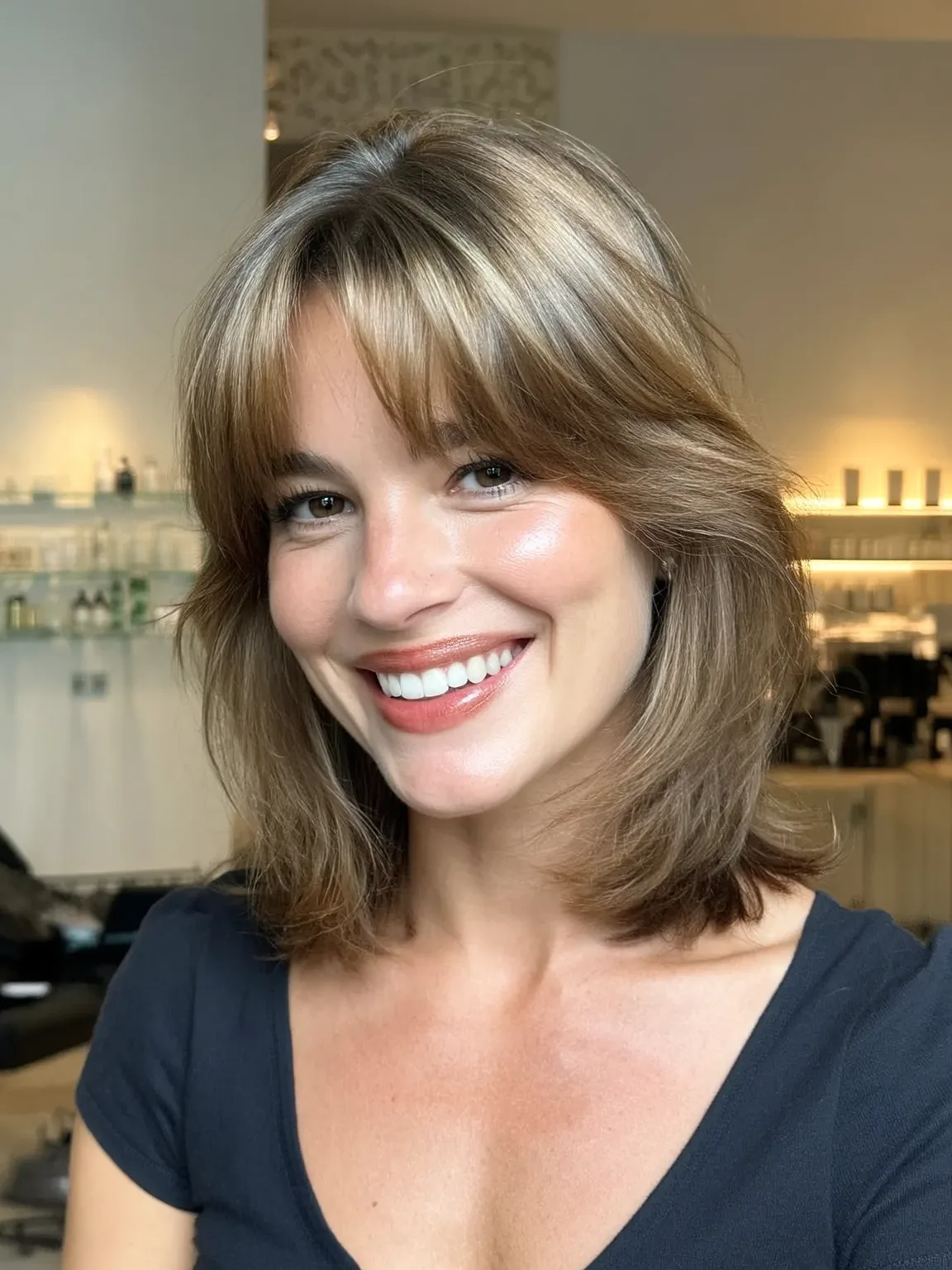Layered Shoulder-Length Cut with Sandy Blonde Highlights