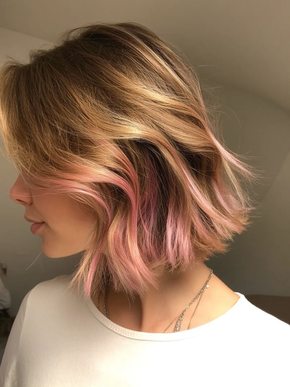 Wavy Sandy Blonde Bob with Pastel Pink Ombre and Side Bangs