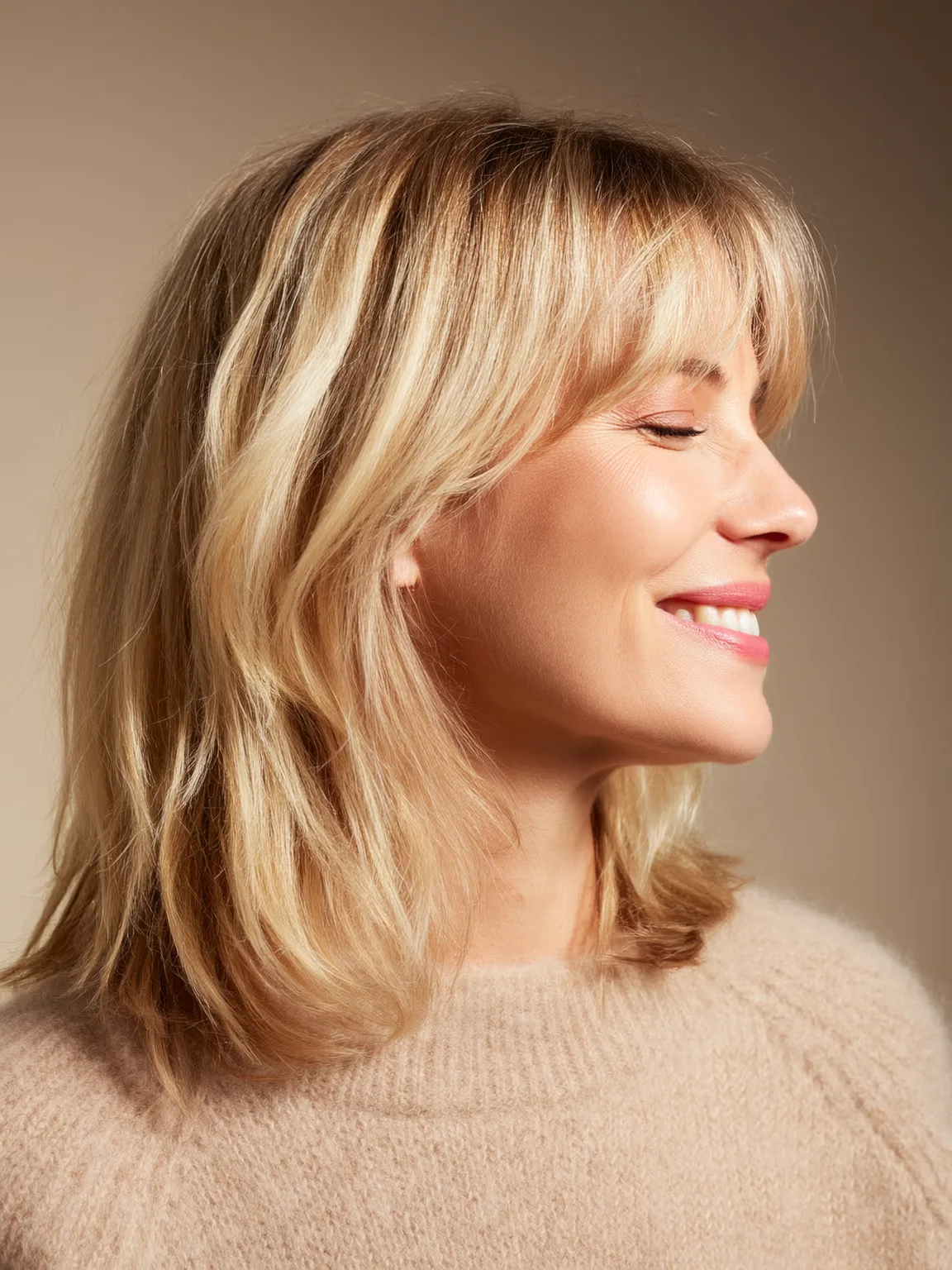 Flowing Sandy Blonde Lob with Soft Curtain Bangs