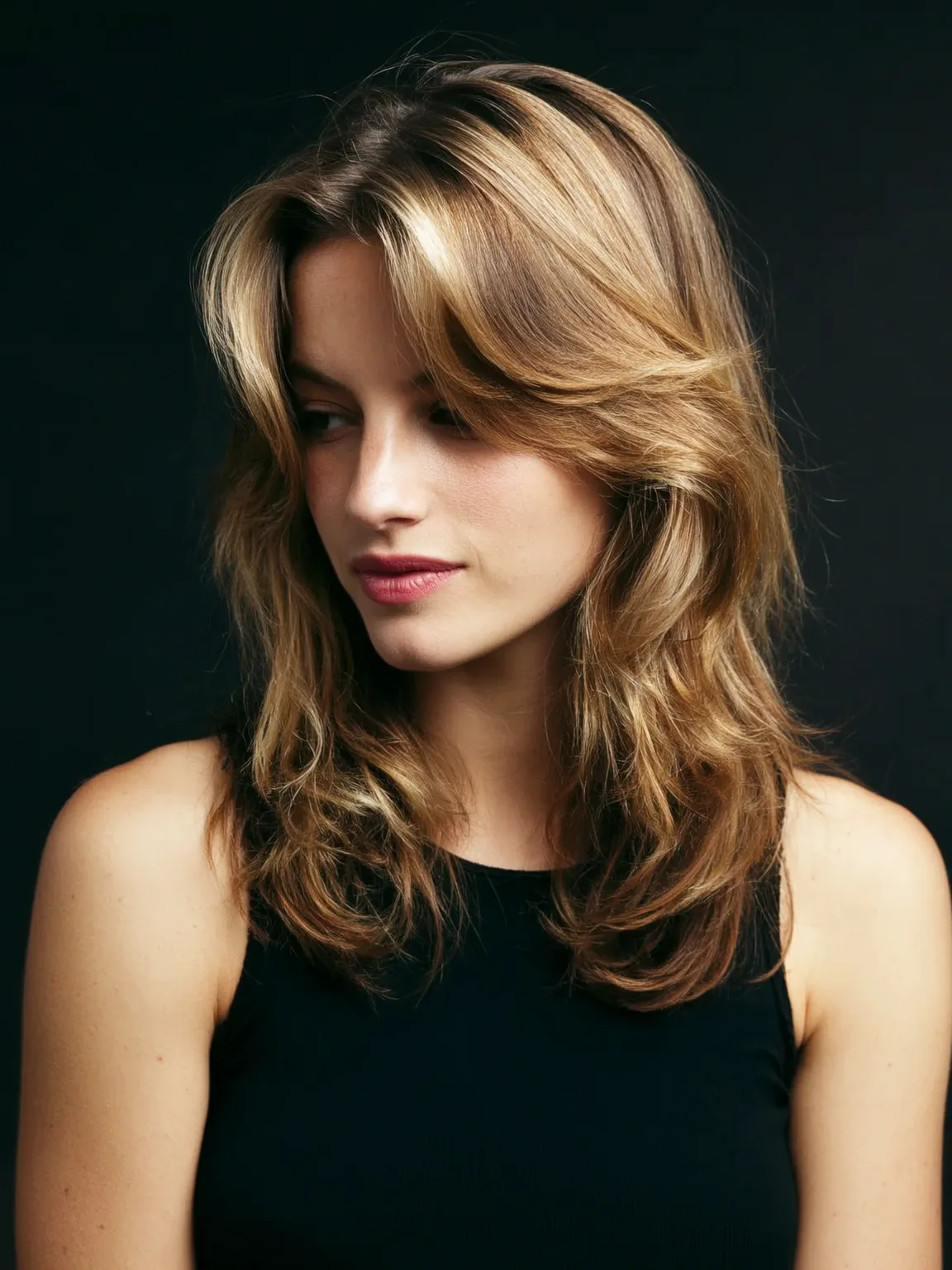 Voluminous Sandy Blonde Layers with Curtain Bangs