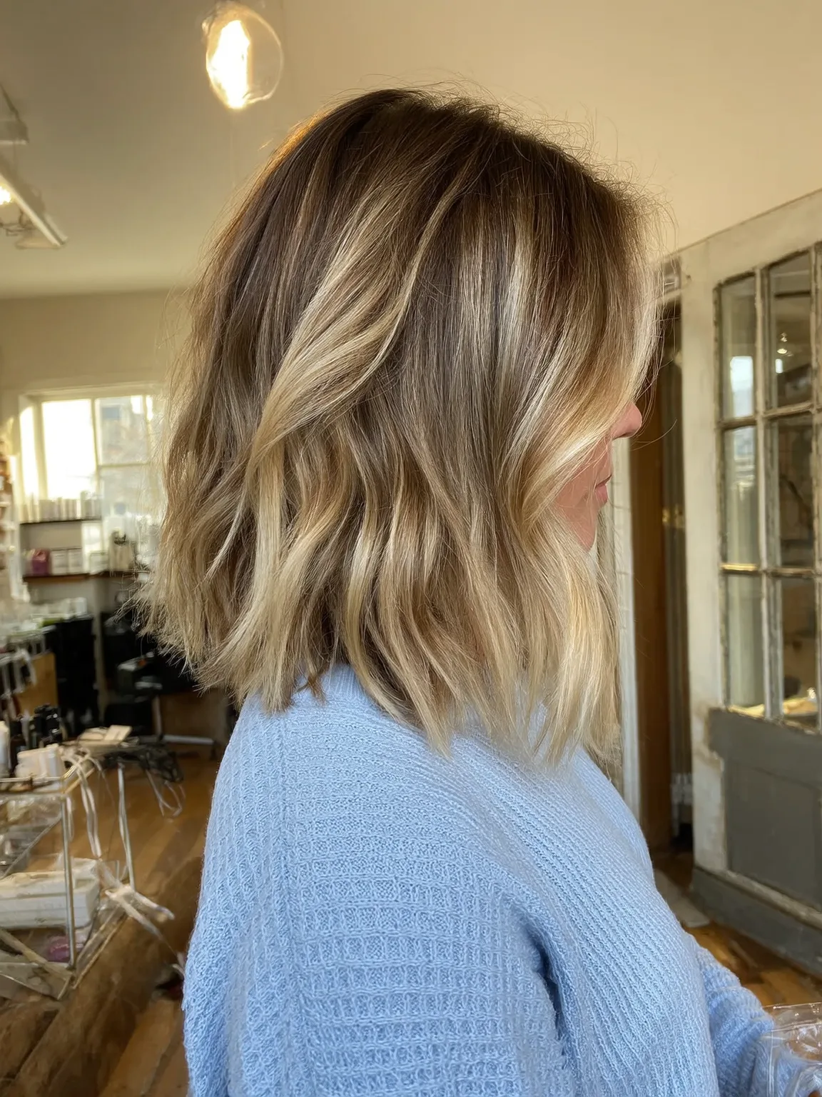 Medium Wavy Lob with Sandy Blonde Balayage