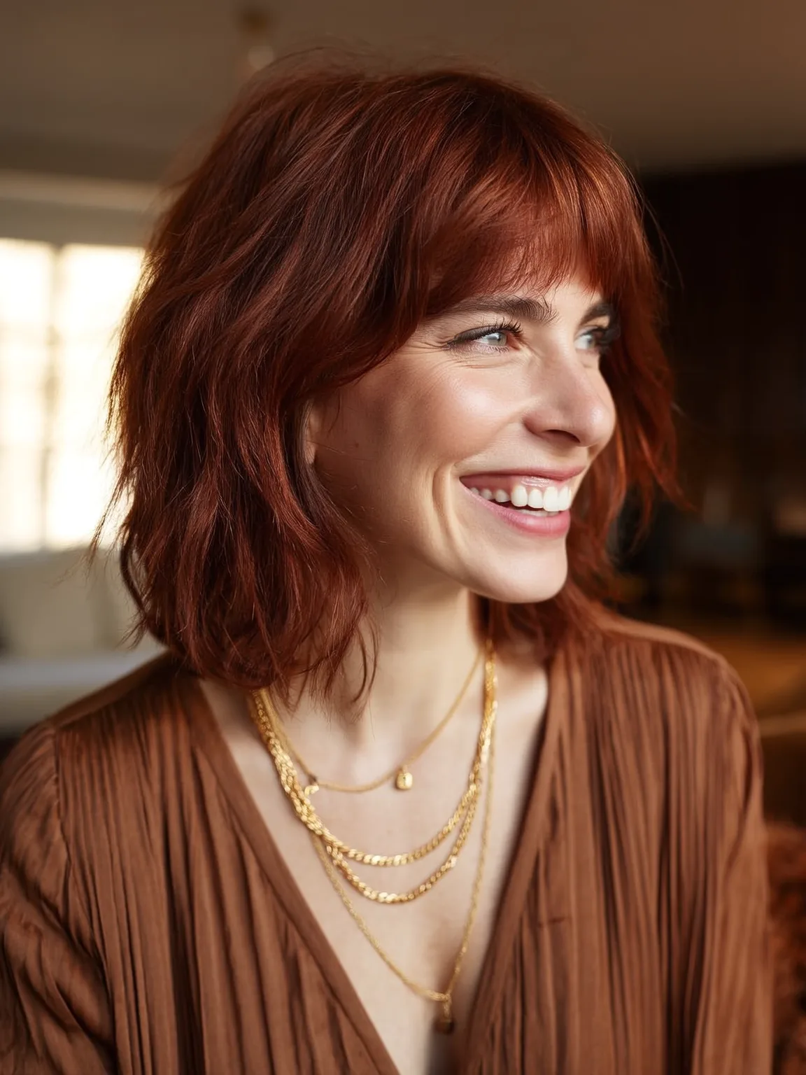 Rich Auburn Shag with Blunt Bangs and Chin-Length Cut