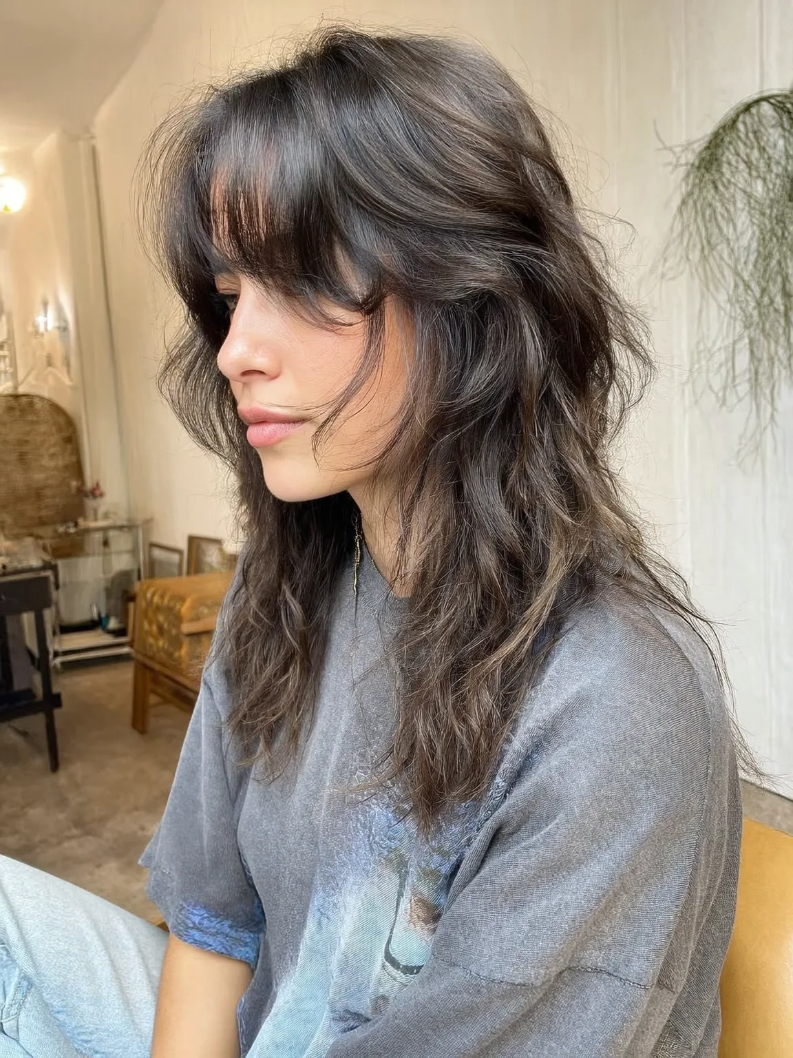 Chestnut Brown Shag with Curtain Bangs for Oblong Faces