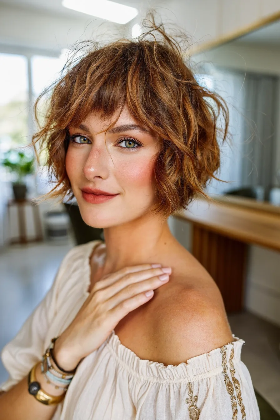 Soft, Tousled Bob Shag with Wispy Bangs for Effortless Volume