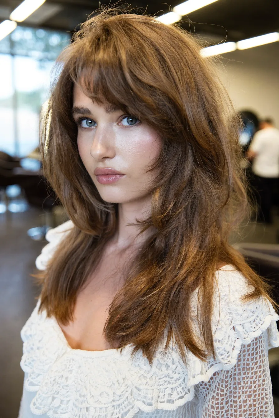 Voluminous Long Shag with Soft Curtain Bangs for Effortless Texture