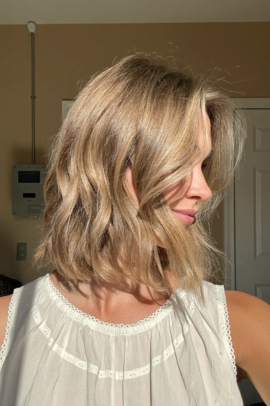 Sunlit Shoulder-Length Shag with Effortless Volume Waves