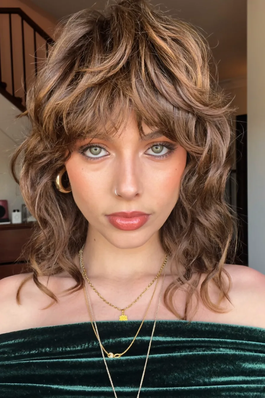 Textured Medium Shag Haircut with Wispy Curtain Bangs for Movement