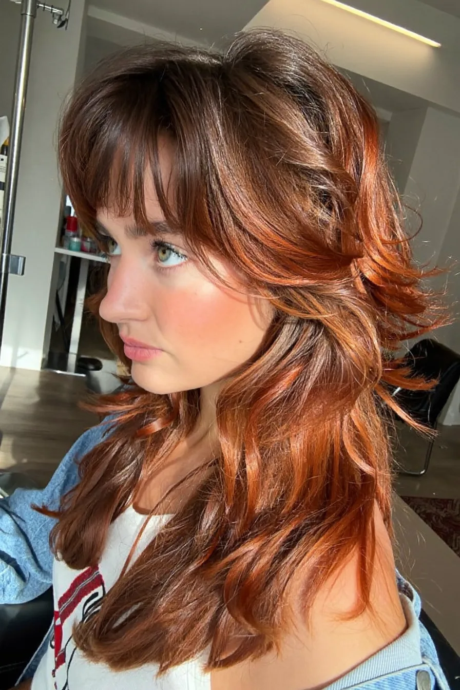 Layered Copper Shag Haircut with Wispy Bangs for Voluminous Texture