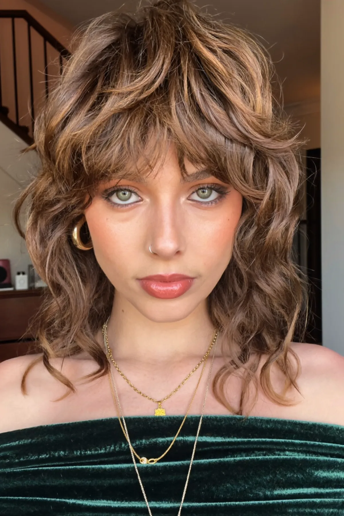 Caramel Bronde Balayage Shoulder-Length Shag With Full Fringe Bangs