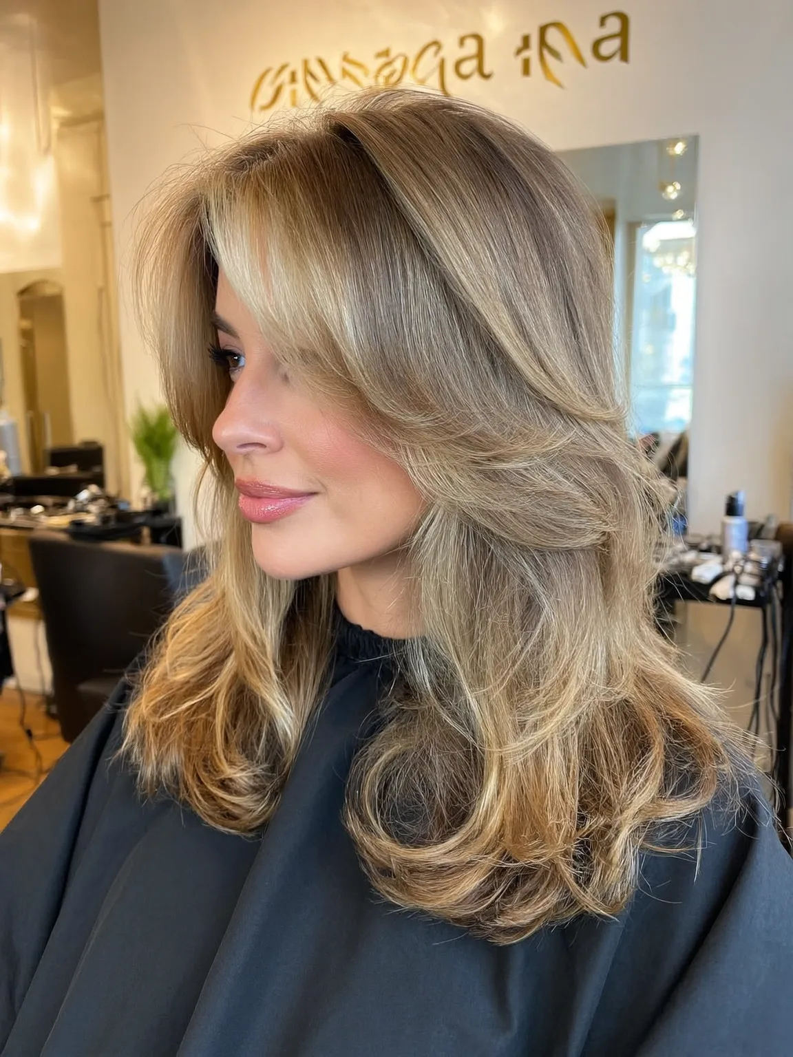 Layered Wavy Sandy Blonde Hair with Curtain Bangs