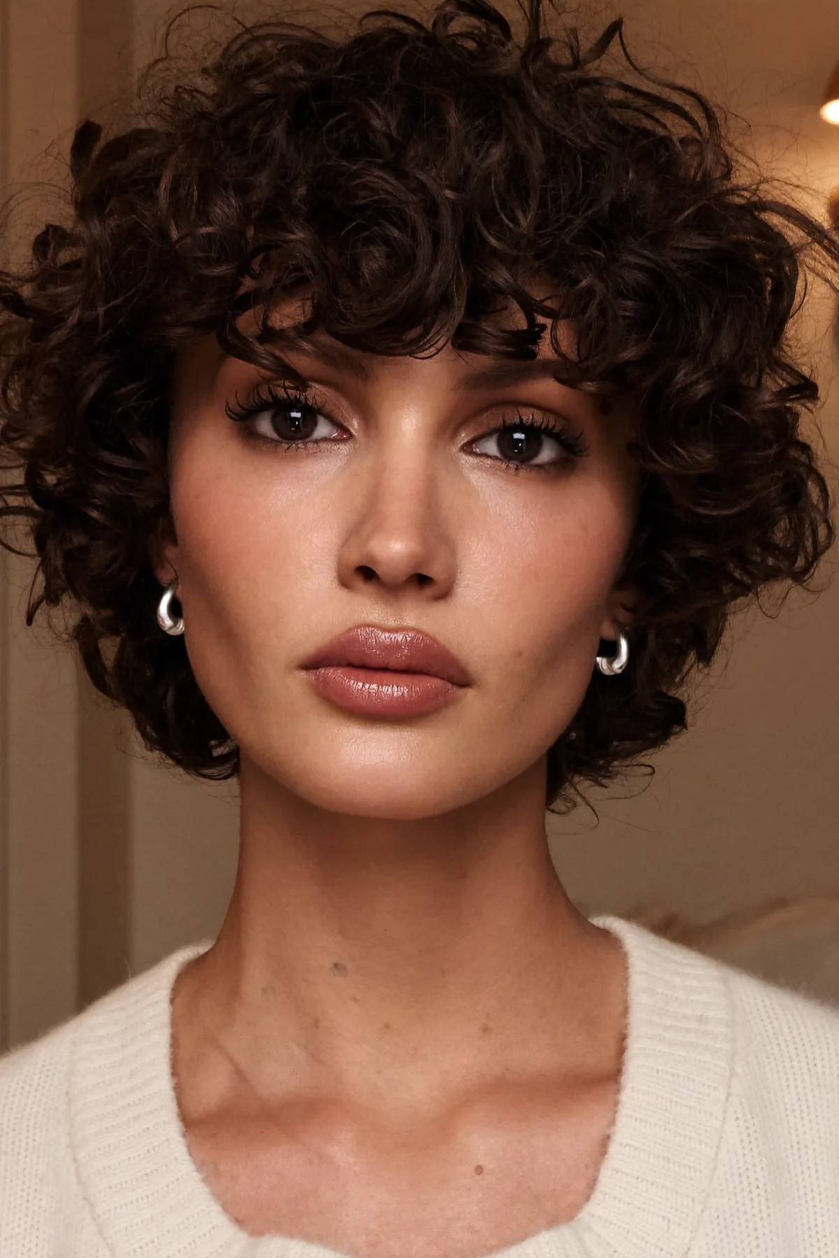 Natural Brunette Curly Shag with Full Fringe Bangs
