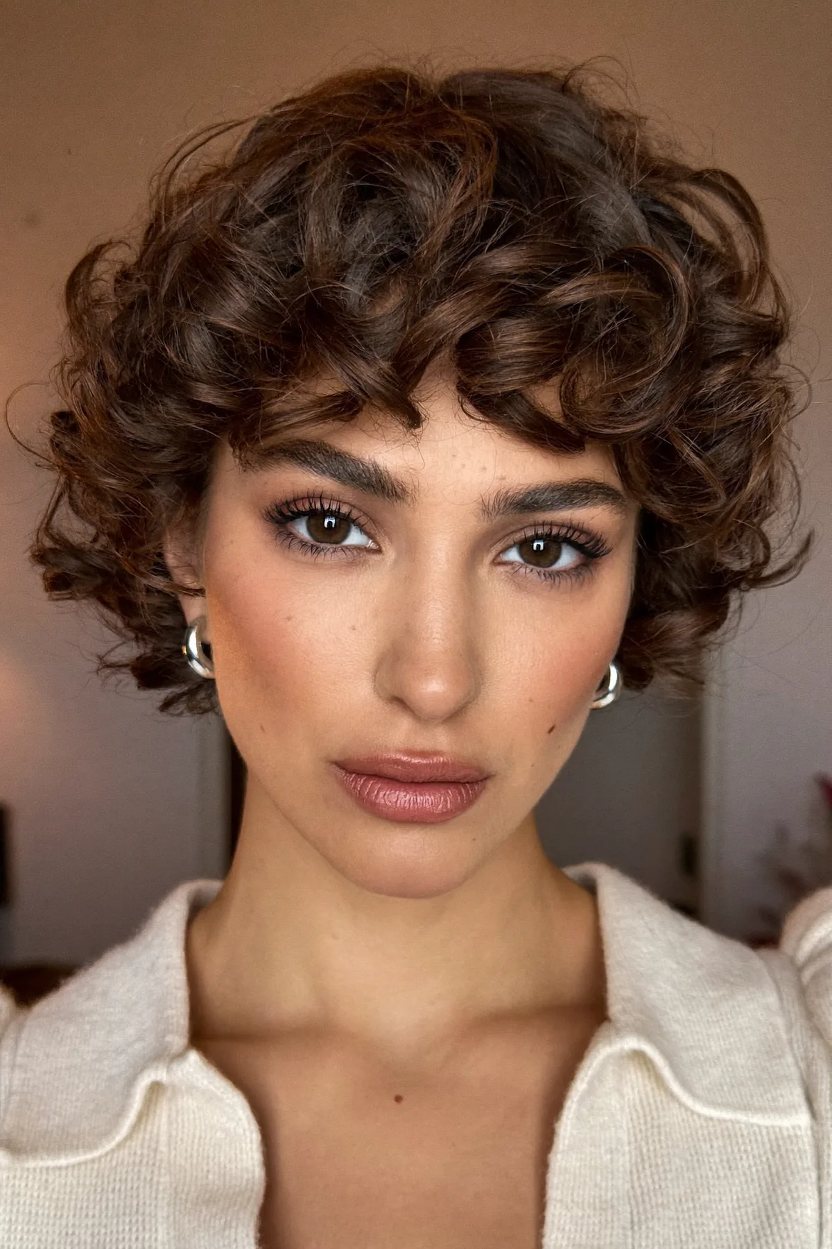Natural Brunette Curly Shag with Full Fringe Bangs