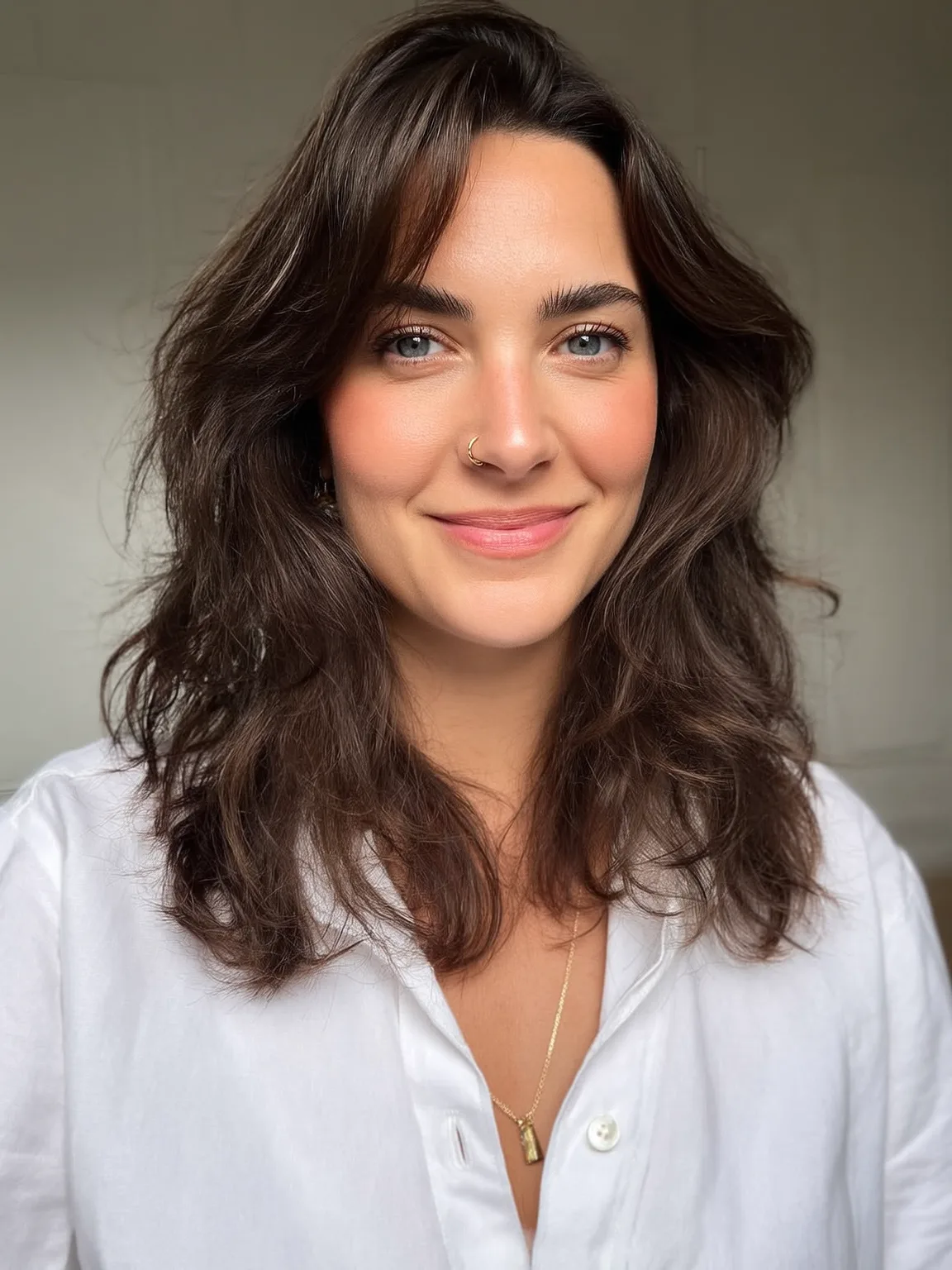Chestnut Brown Wavy Medium Shag with Curtain Bangs