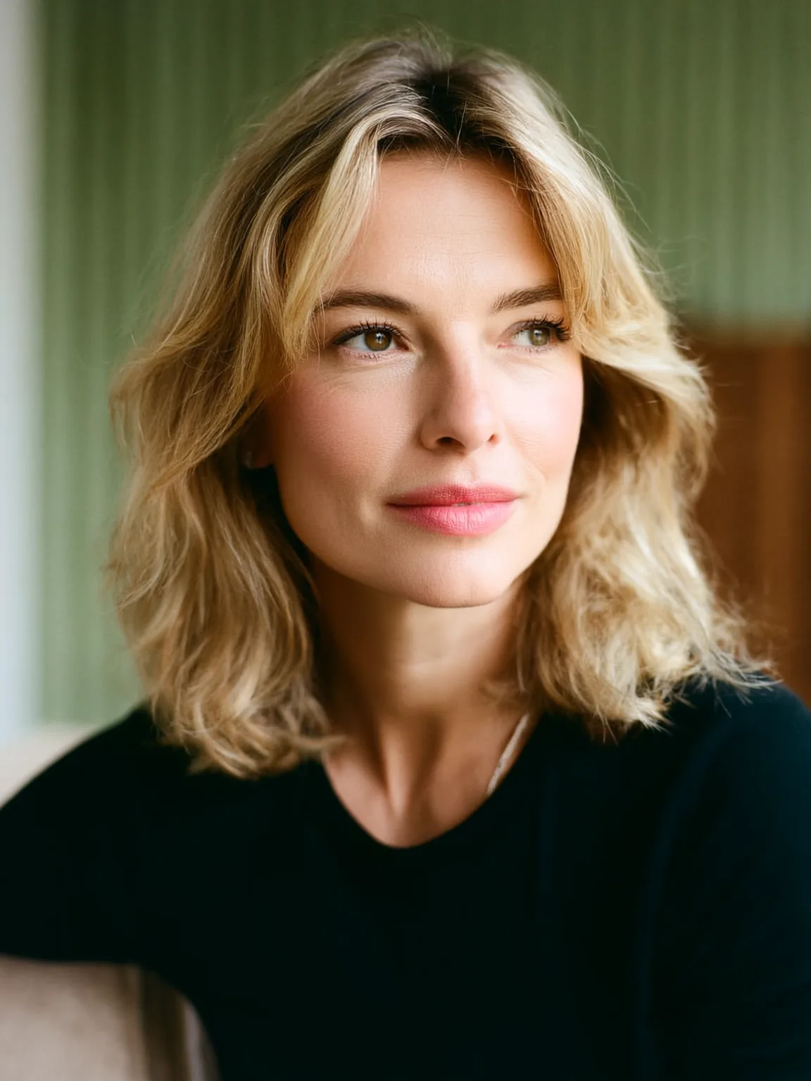 Wavy Sandy Blonde Layered Cut with Curtain Bangs