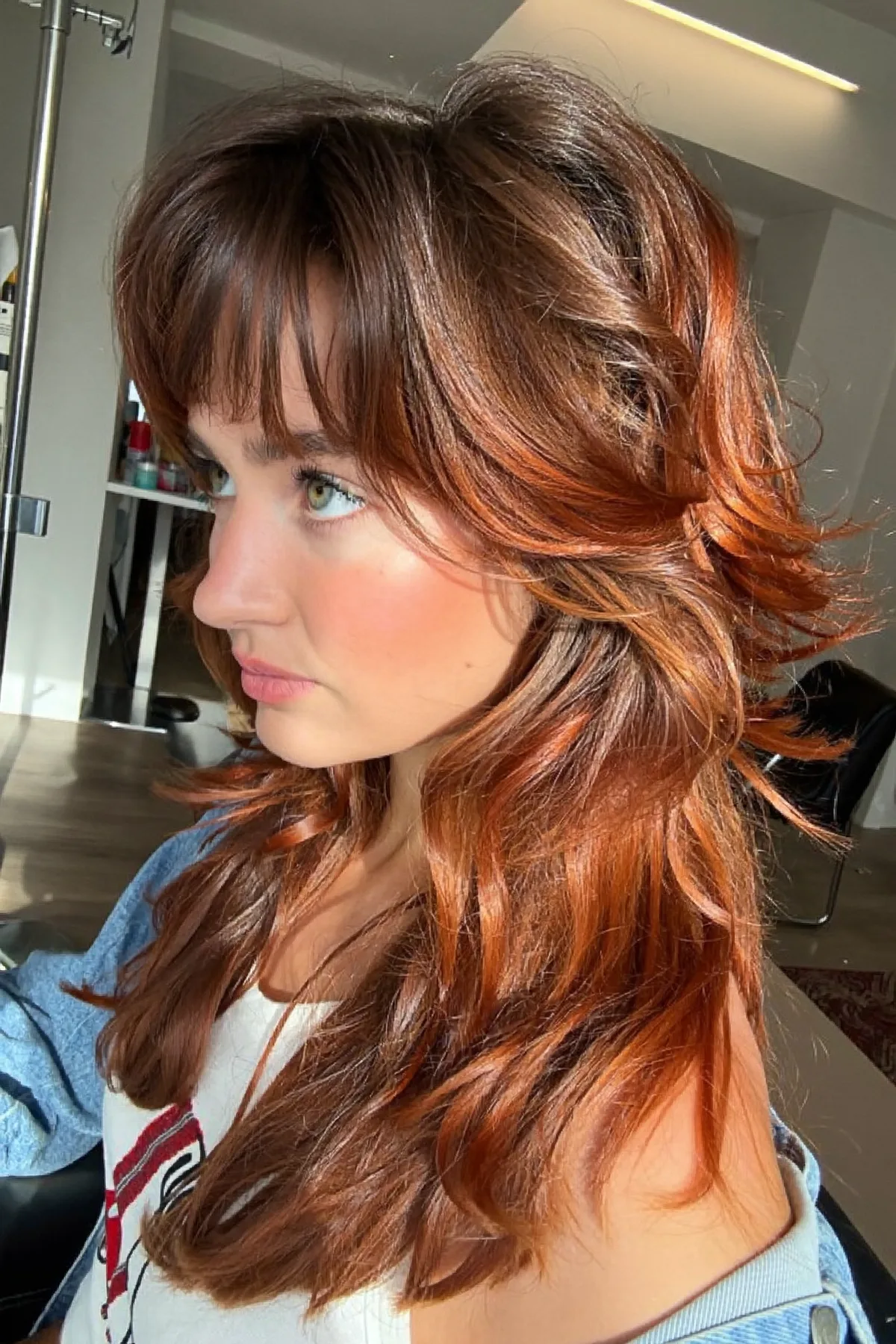 Auburn Copper Mid-Back Shag with Full Fringe Bangs
