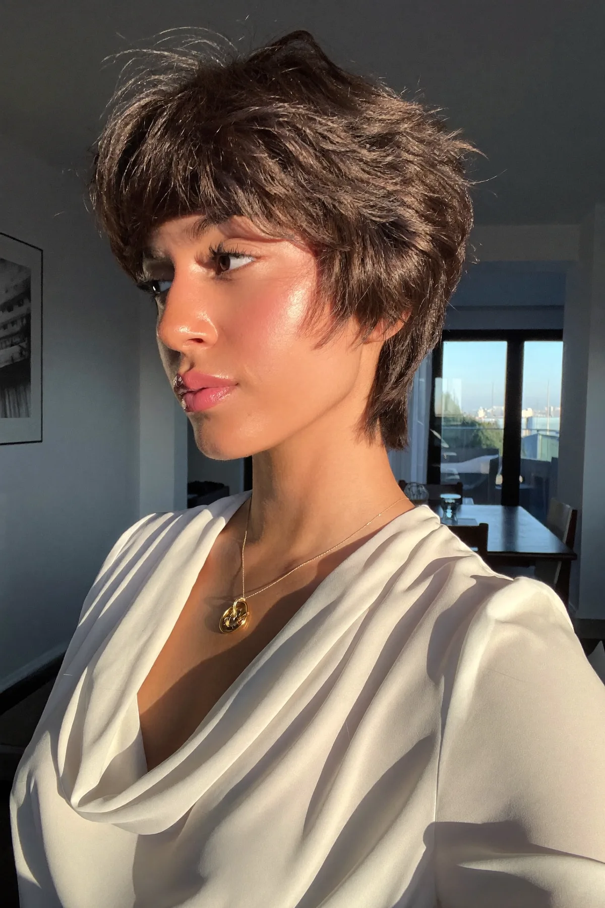 Chin-Length Natural Brunette Shag with Full Fringe Bangs