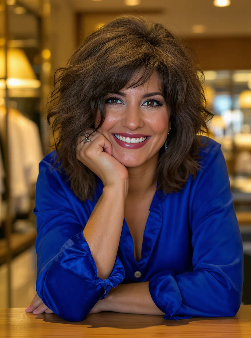 Voluminous Wavy Warm Chestnut Brown Shoulder-Length Shag with Side-Swept Bangs