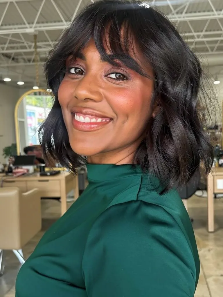 Medium Voluminous Wavy Rich Espresso Brown Lob with Wispy Bangs