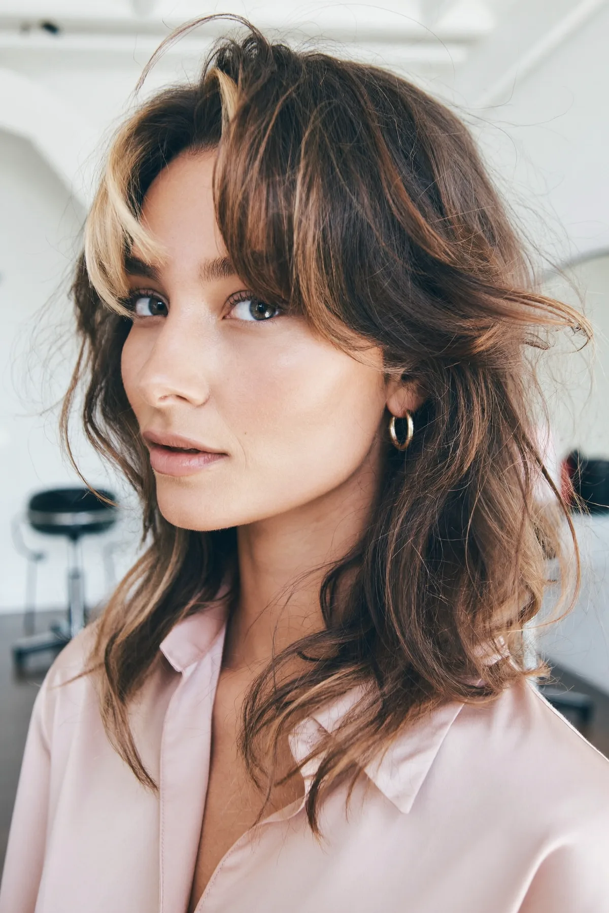 Natural Brunette Collarbone-Length Shag with Curtain Bangs
