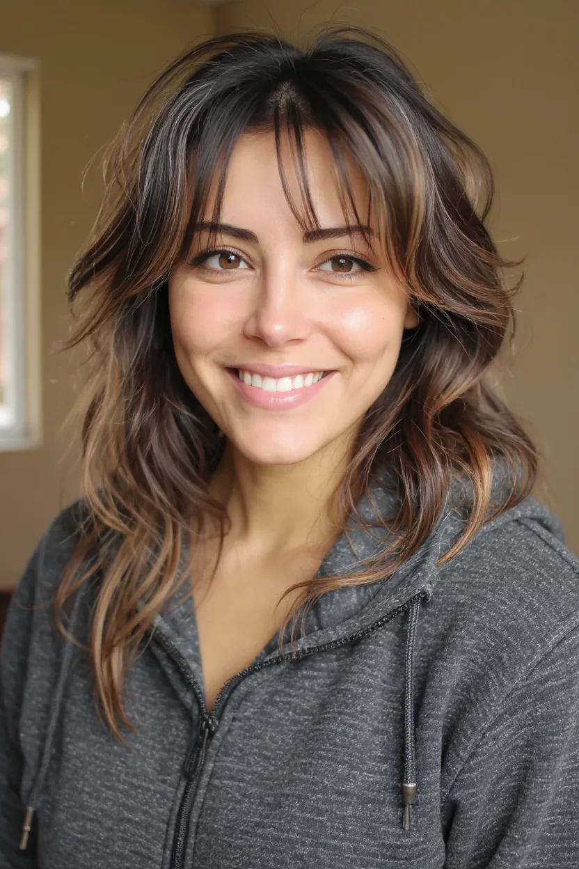 Medium Chestnut Brown Shag with Caramel Highlights and Wispy Bangs