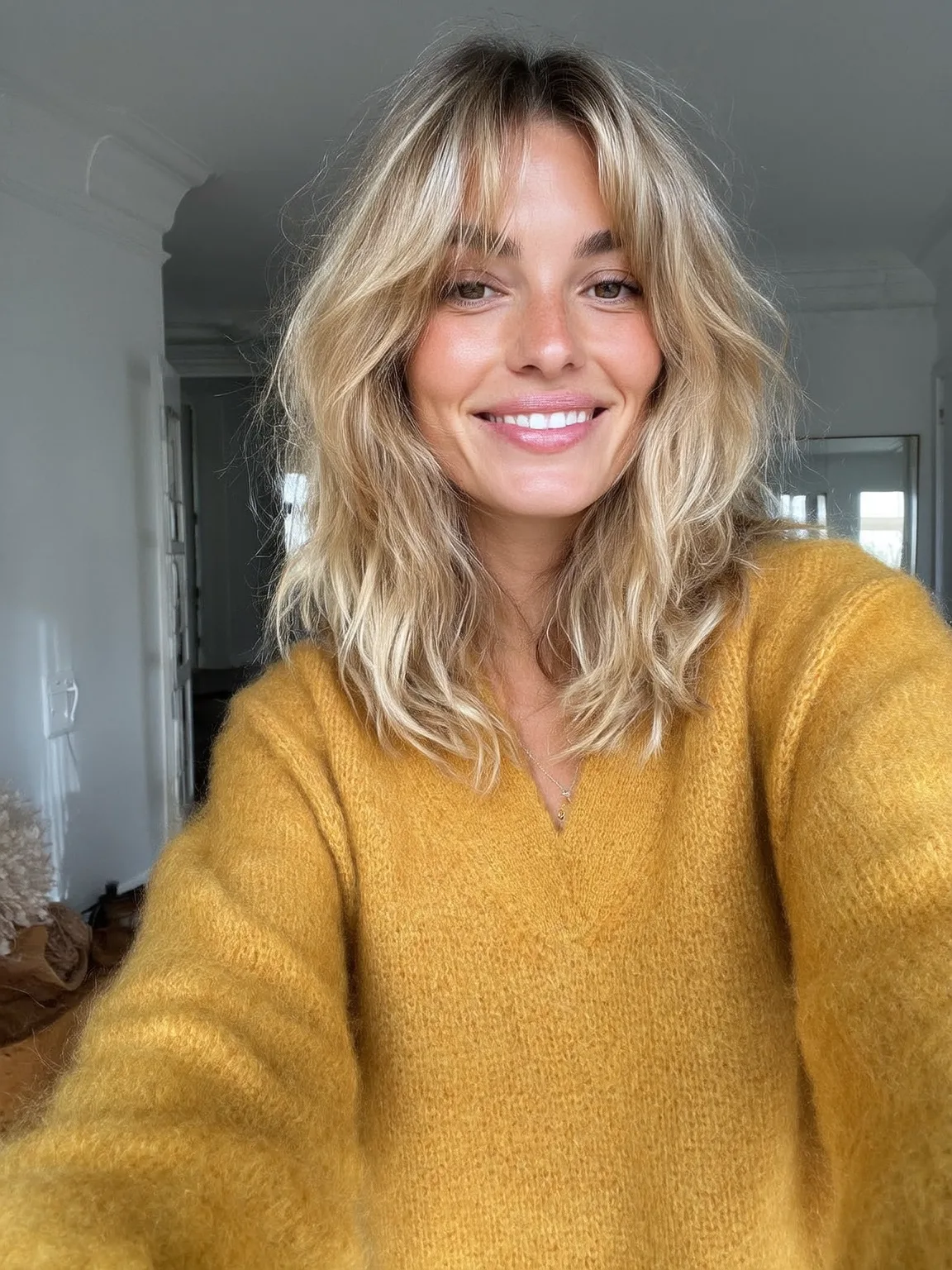 Sandy Blonde Shoulder-Length Shag with Curtain Bangs and Medium Volume