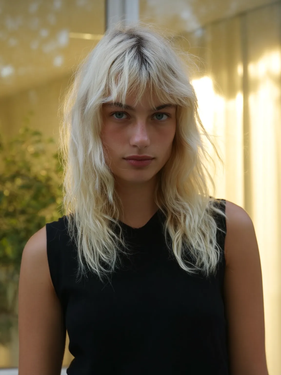 Long Platinum Blonde Wavy Shag with Wispy Bangs