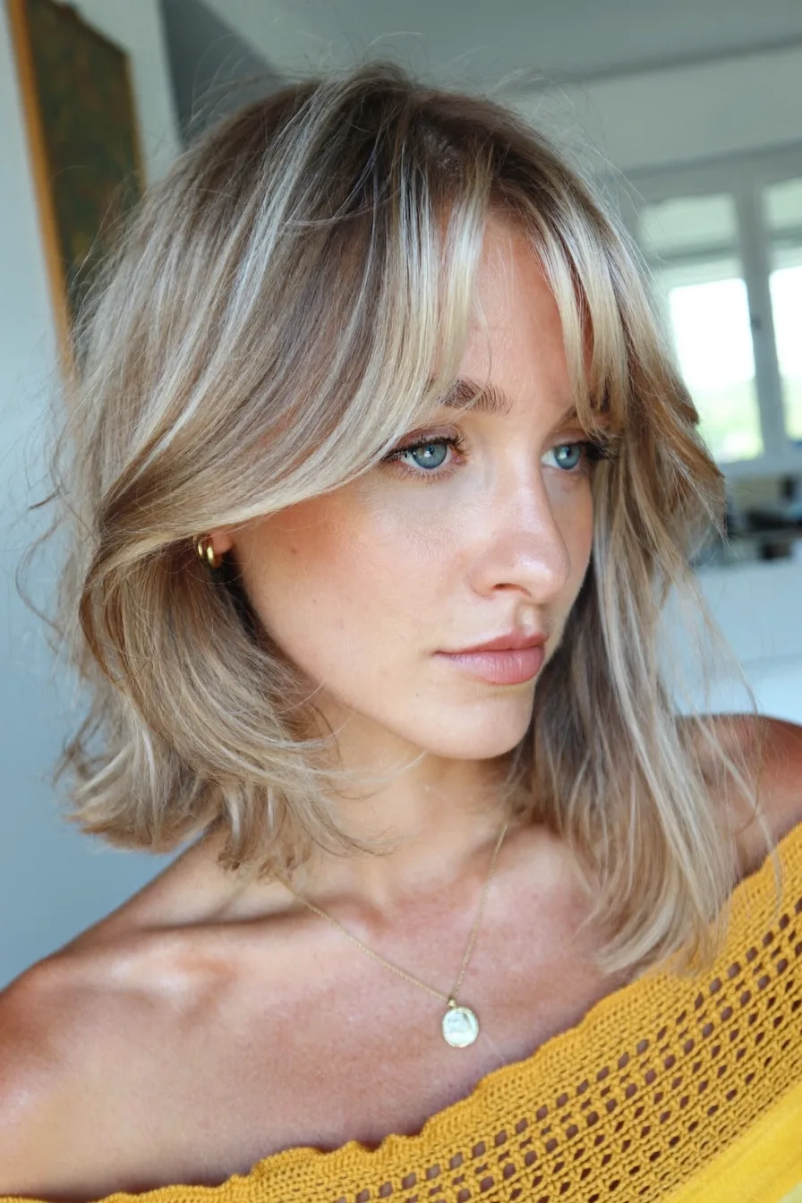 Effortless Shaggy Bob with Soft Curtain Bangs and Layered Texture