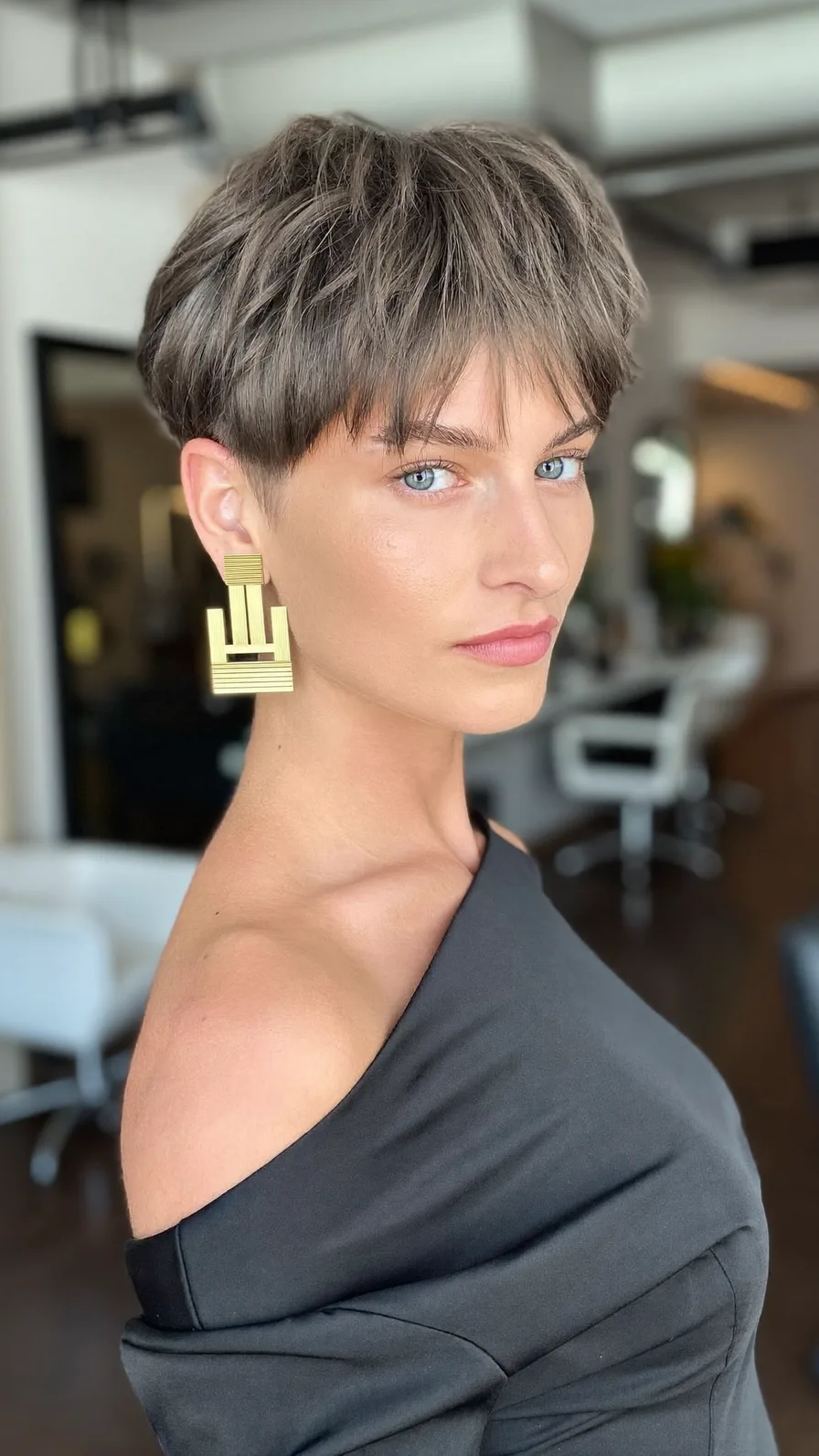 Chic Textured Ash Brown Pixie with Wispy Bangs