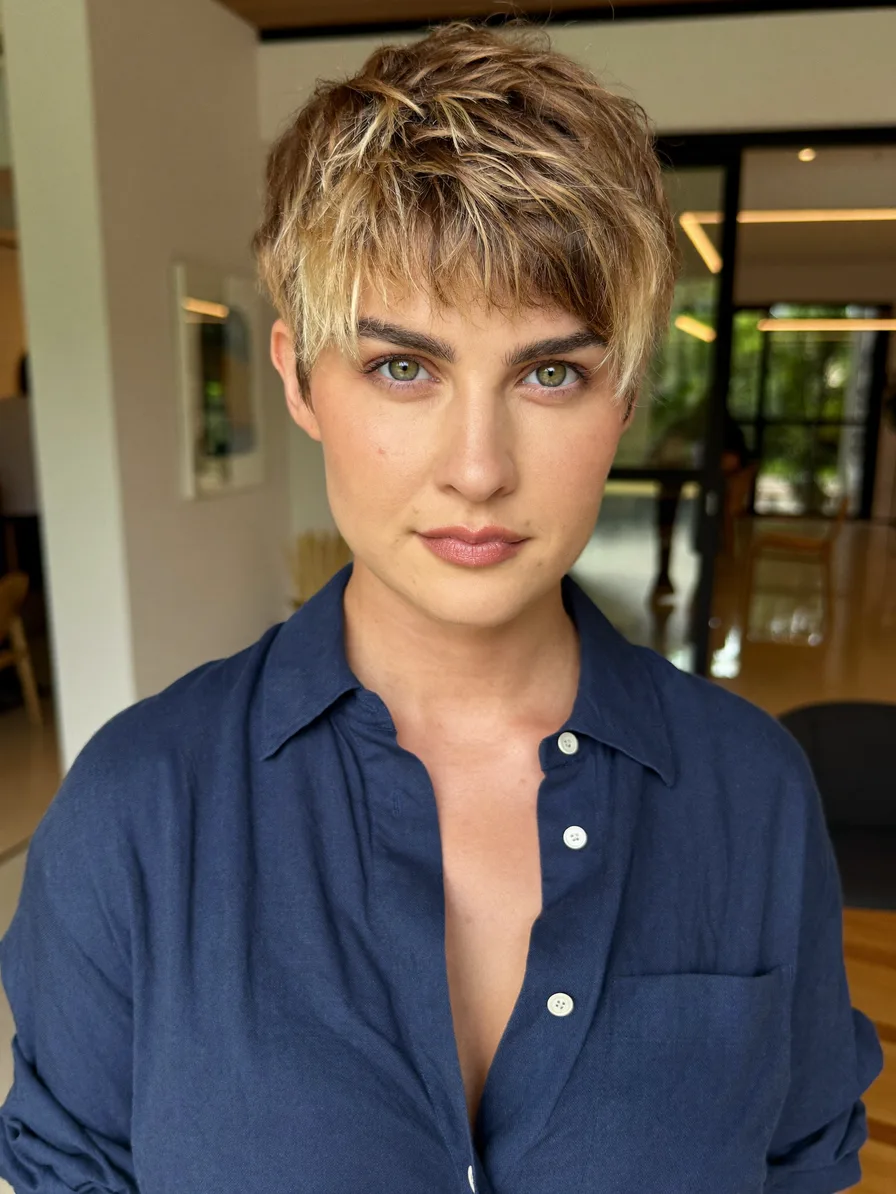 Modern Textured Pixie with Honey Blonde Highlights