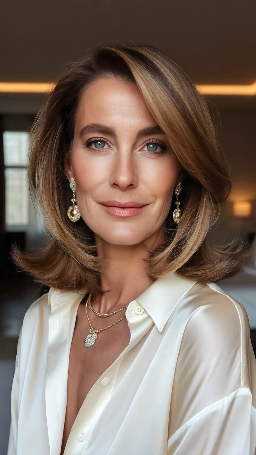 Elegant Shoulder-Length Layered Lob with Side-Swept Bangs