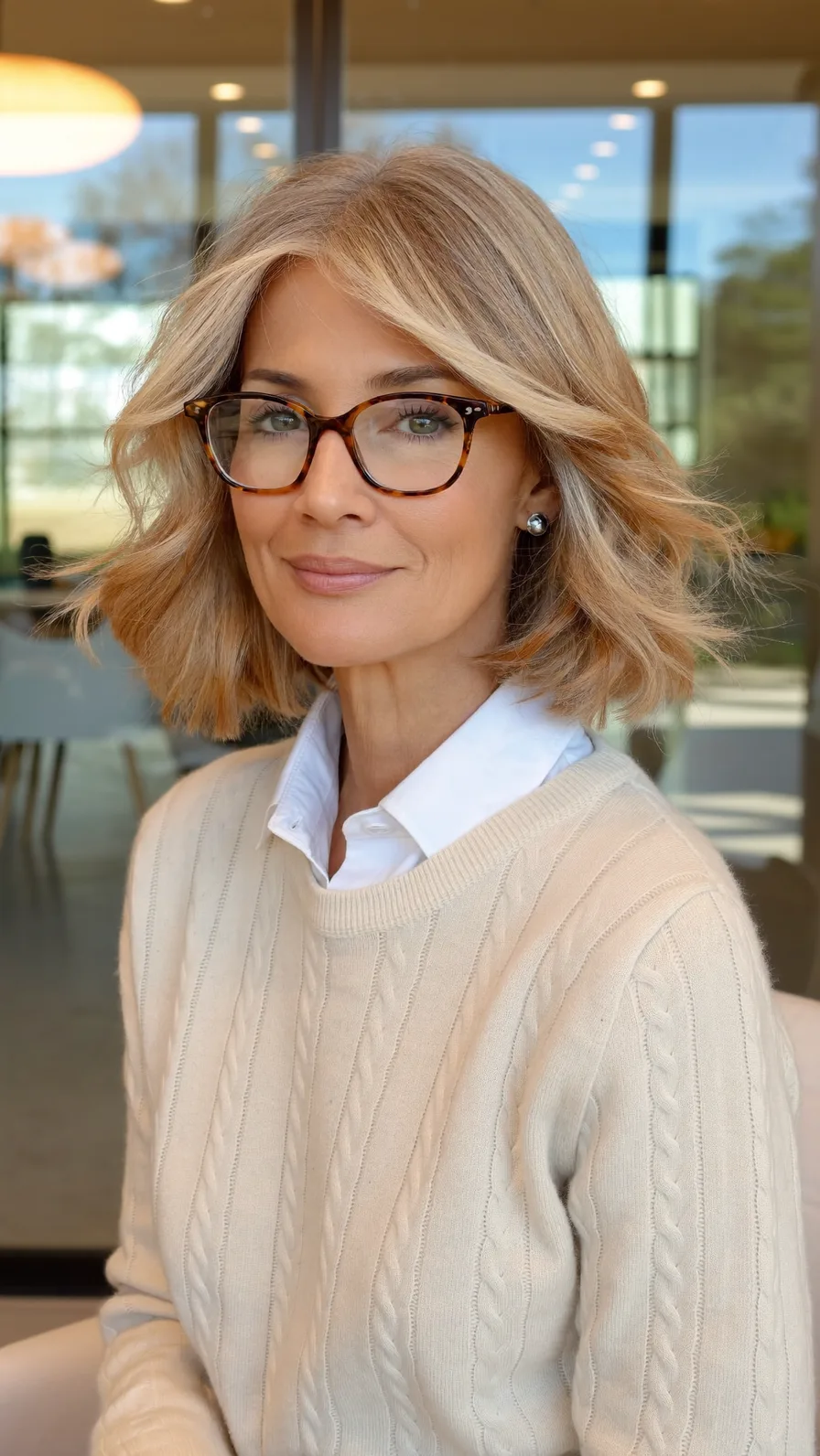 Sophisticated Textured Chin-Length Lob with Curtain Bangs
