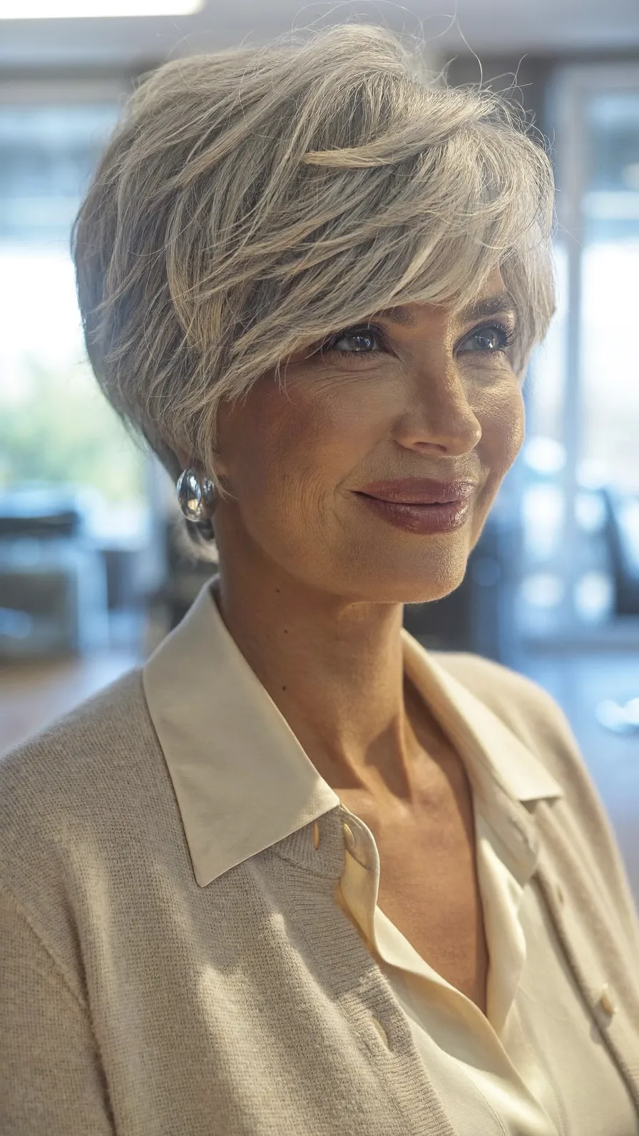 Elegant Layered Pixie with Soft Side-Swept Bangs and Highlights