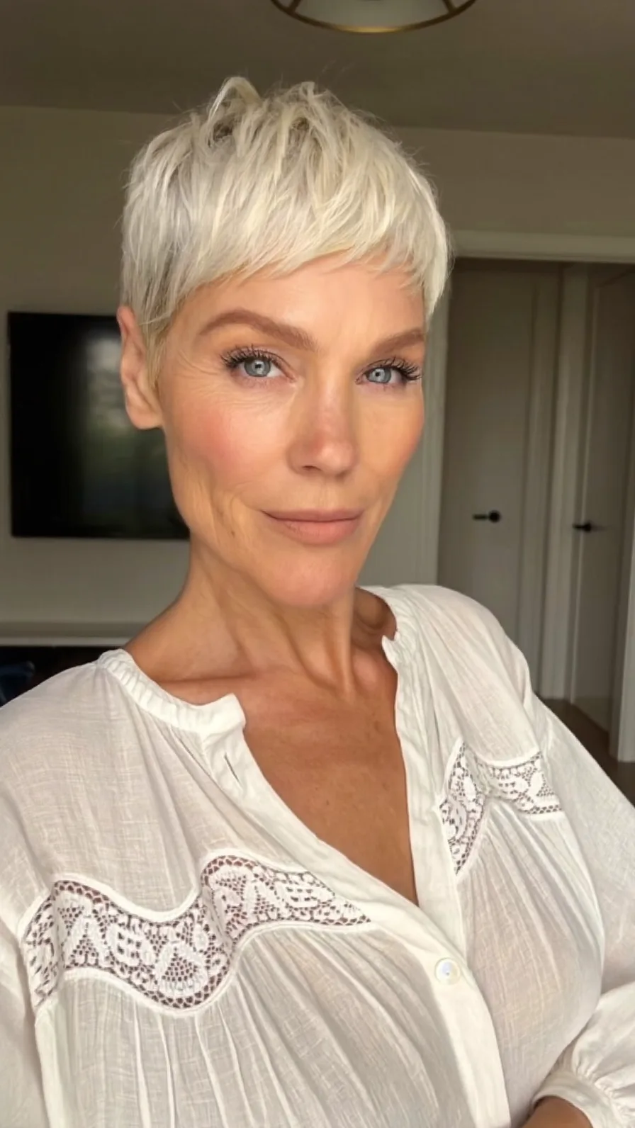 Textured Platinum Blonde Pixie with Micro Bangs