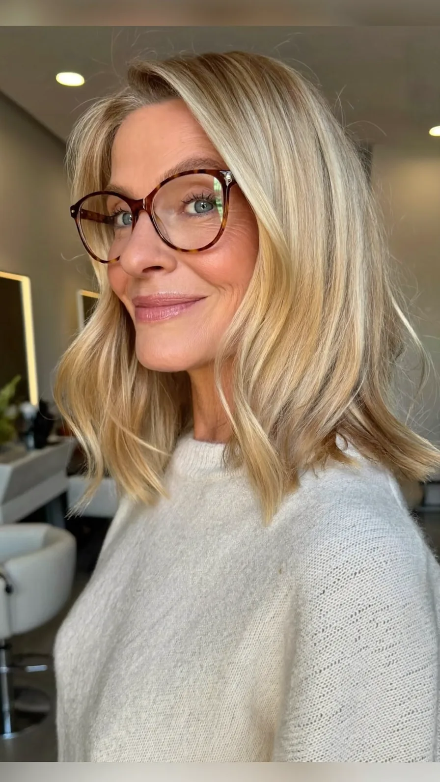 Elegant Shoulder-Length Ash Blonde Lob with Soft Side-Swept Waves