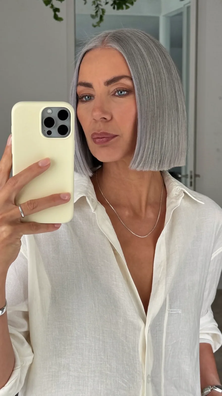 Sleek Chin-Length Blunt Bob with Natural Silver Gray Shine