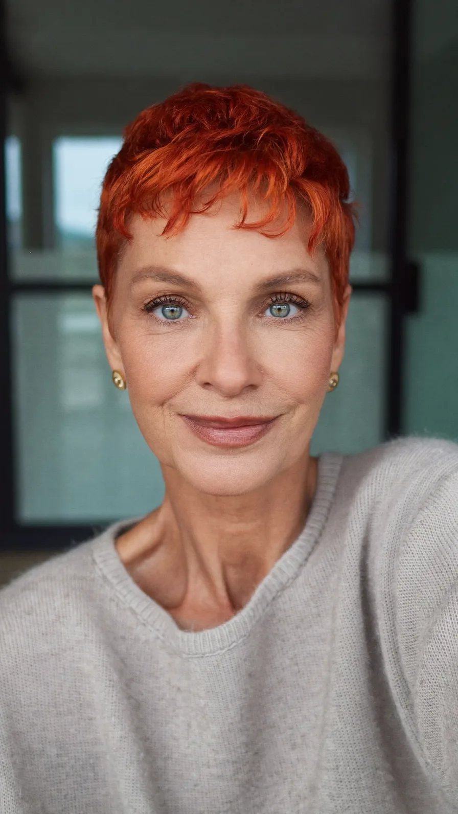 Textured Copper Red Pixie with Wispy Forehead Bangs