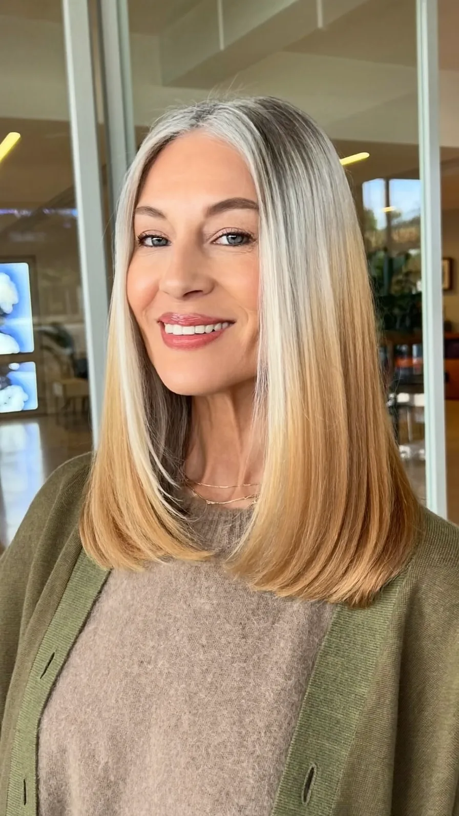 Classic Shoulder-Length Blunt Lob with Silver and Blonde Ombre