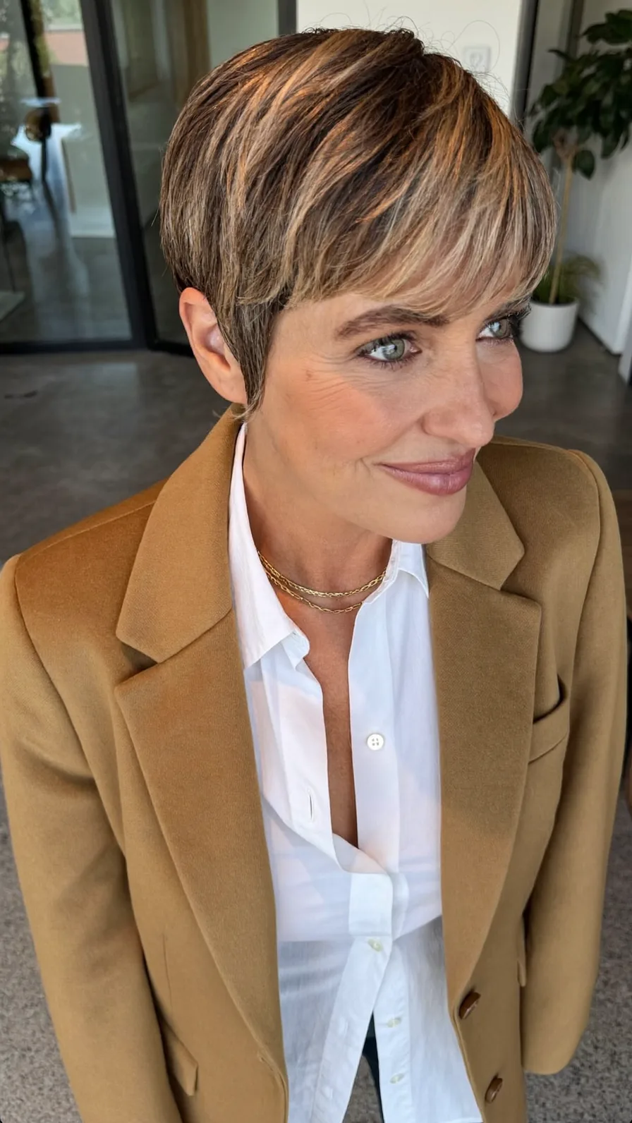 Modern Textured Pixie with Ash Brown and Honey Blonde Balayage