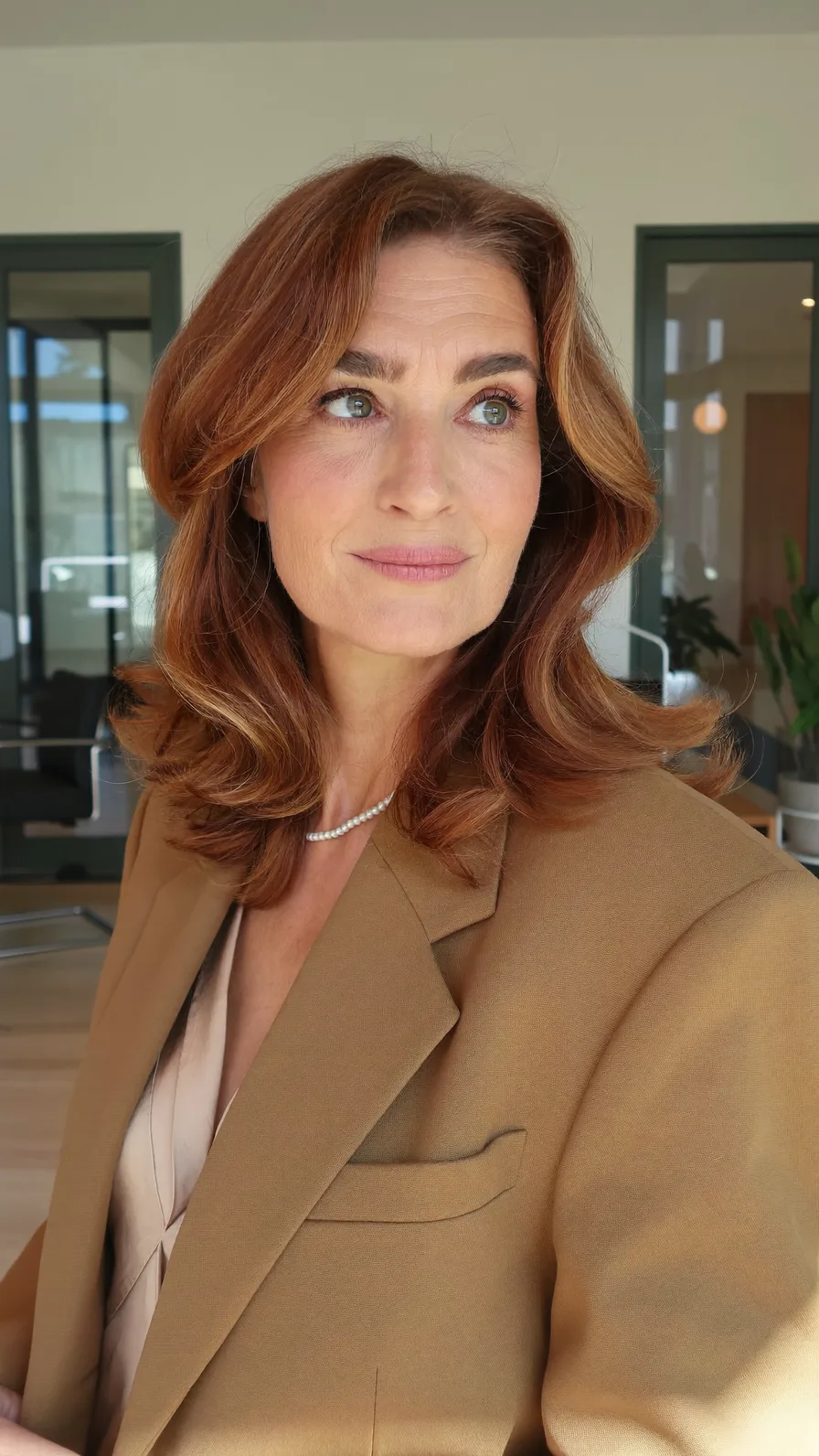 Elegant Layered Lob with Warm Auburn Balayage and Side-Swept Bangs