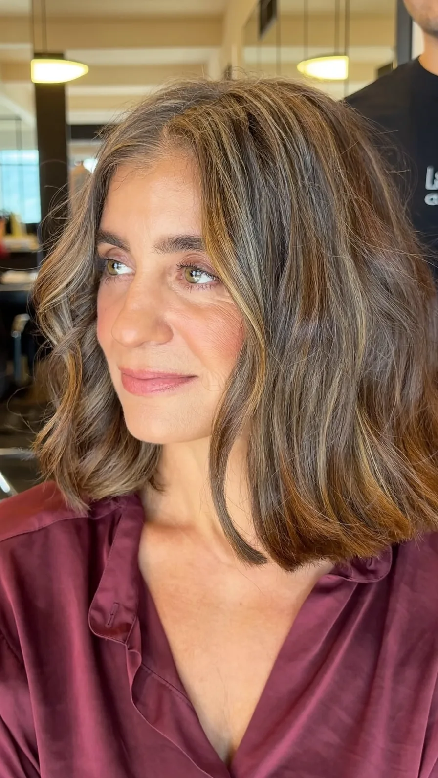 Modern Shoulder-Length Lob with Soft Balayage and Curtain Bangs