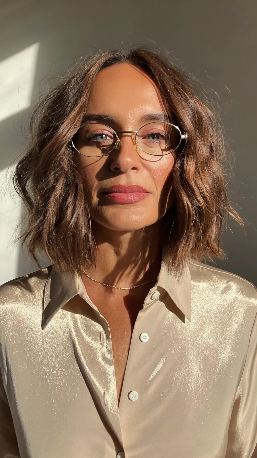 Textured Wavy Bob with Subtle Golden Highlights and Center Part